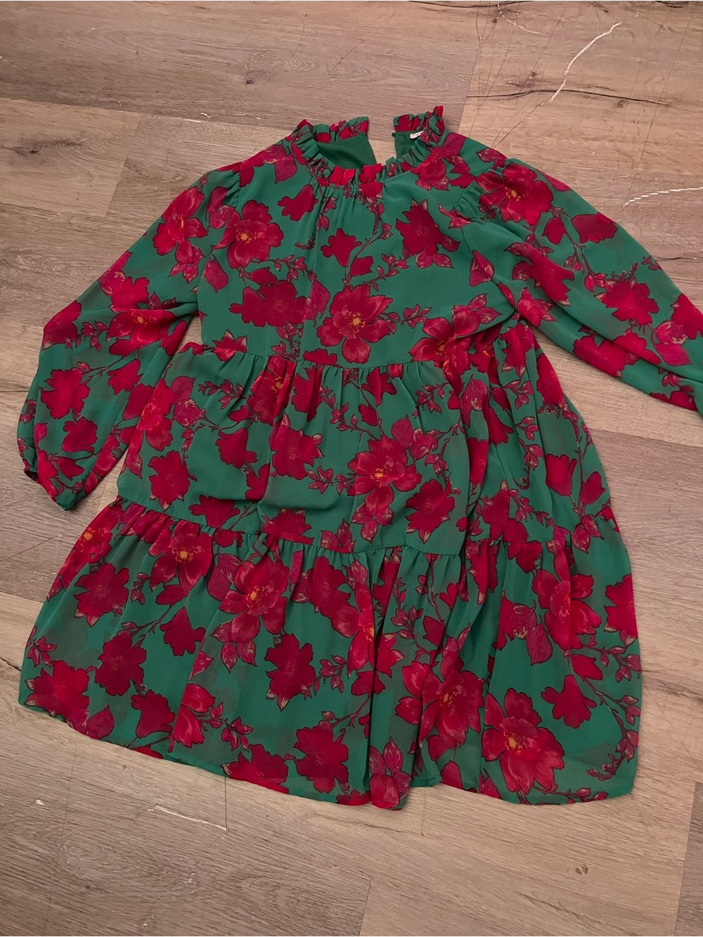 Kids Floral Tiered Dress - Green with Red Flowers
